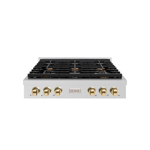 ZLINE 36 in. Autograph Edition Paramount Gas Rangetop with 6 Burners and Porcelain Cooktop in Stainless Steel with Polished Gold Accents (SRTZ-36-G) front.