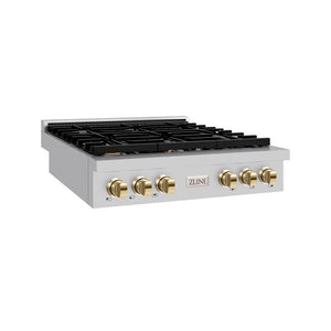 ZLINE 36 in. Autograph Edition Paramount Gas Rangetop with 6 Burners and Porcelain Cooktop in Stainless Steel with Polished Gold Accents (SRTZ-36-G) side.