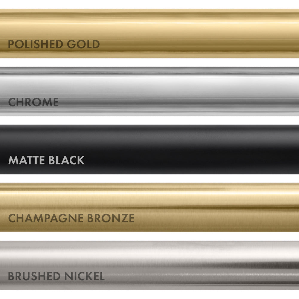 ZLINE PVD plumbing finish comparison. Top to bottom: Polished Gold, Chrome, Matte Black, Champagne Bronze, Brushed Nickel.