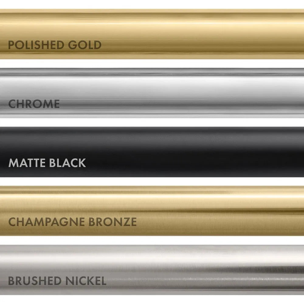 ZLINE PVD plumbing finish comparison. Top to bottom: Polished Gold, Chrome, Matte Black, Champagne Bronze, Brushed Nickel.