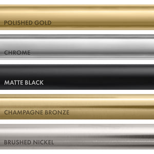 ZLINE PVD plumbing finish comparison. Top to bottom: Polished Gold, Chrome, Matte Black, Champagne Bronze, Brushed Nickel.