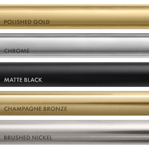 ZLINE PVD plumbing finish comparison. Top to bottom: Polished Gold, Chrome, Matte Black, Champagne Bronze, Brushed Nickel.