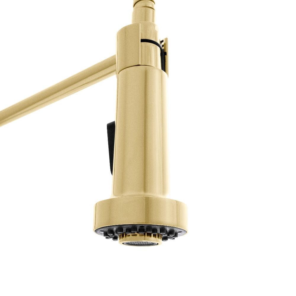 ZLINE Apollo Pull Down Spring Kitchen Faucet in Polished Gold (APL-KF-PG) pull down spray wand.