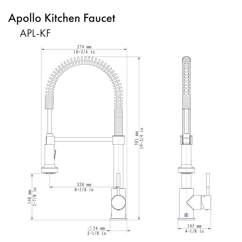 ZLINE Apollo Pull Down Spring Single Handle Kitchen Faucet in Champagne Bronze (APL-KF-CB) dimensional diagram.
