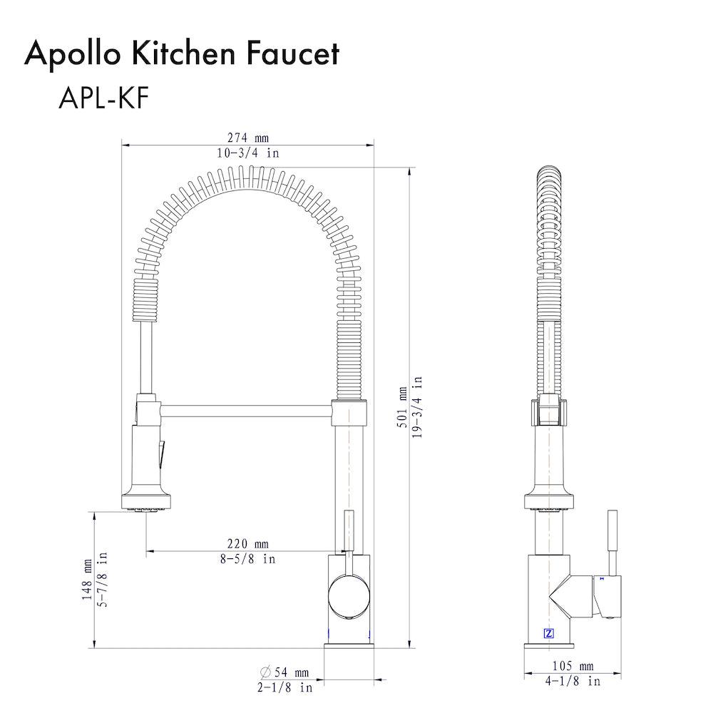 ZLINE Apollo Pull Down Spring Kitchen Faucet in Polished Gold (APL-KF-PG) dimensional diagram.