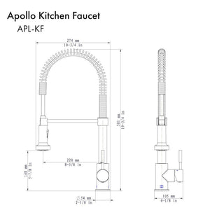ZLINE Apollo Pull Down Spring Single Handle Kitchen Faucet in Polished Gold (APL-KF-PG) dimensional diagram.
