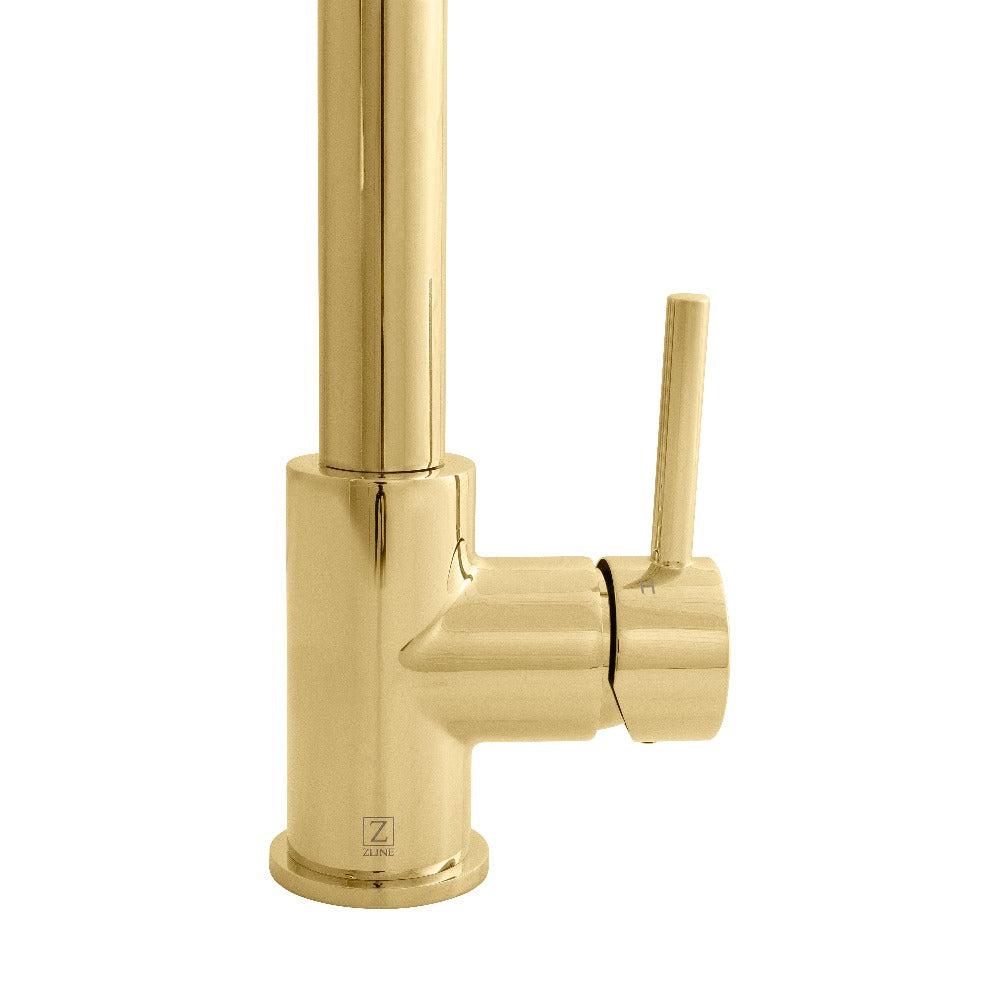 ZLINE Edison Pull Down Kitchen Faucet in Polished Gold (EDS-KF-PG) mount and handle.