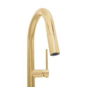 ZLINE Voltaire Pull Down Single Handle Kitchen Faucet in Polished Gold (VLT-KF-PG) pull down spray wand.