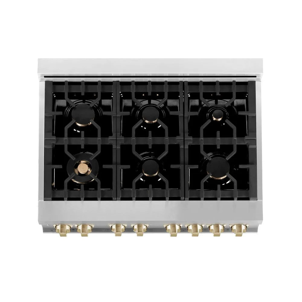 ZLINE Autograph Edition 36 in. 4.6 cu. ft. Legacy Dual Fuel Range with 6 Burner Gas Cooktop and Electric Convection Oven in Stainless Steel with White Matte Door and Polished Gold Accents (RAZ-WM-36-G) top-down, above cooktop.