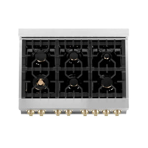 ZLINE Autograph Edition 36 in. 4.6 cu. ft. Legacy Dual Fuel Range with 6 Burner Gas Cooktop and Electric Convection Oven in Stainless Steel with White Matte Door and Polished Gold Accents (RAZ-WM-36-G) top-down, above cooktop.