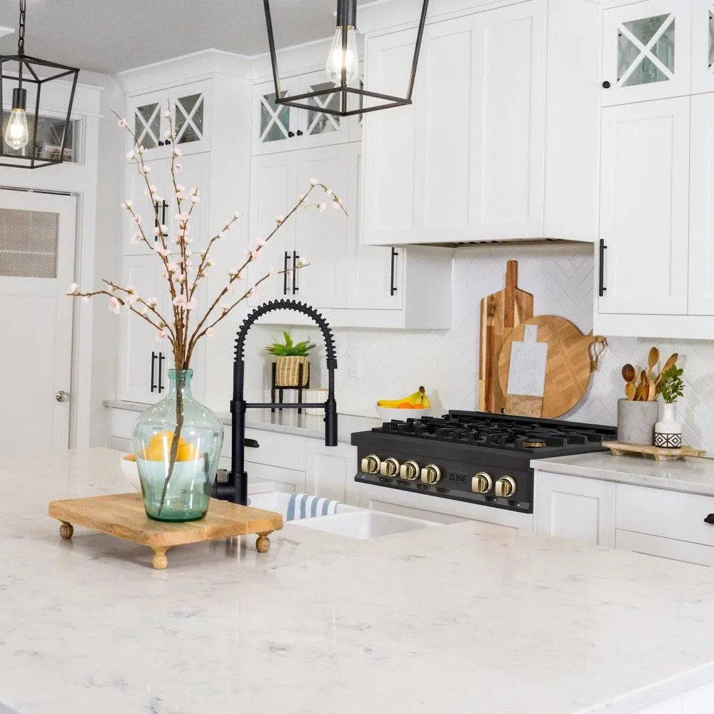 ZLINE Autograph Edition 36 in. Legacy Gas Rangetop with 6 Burners and Porcelain Cooktop in Black Stainless Steel with Polished Gold Accents (RTBZ-36-G) lifestyle, in a luxury kitchen.