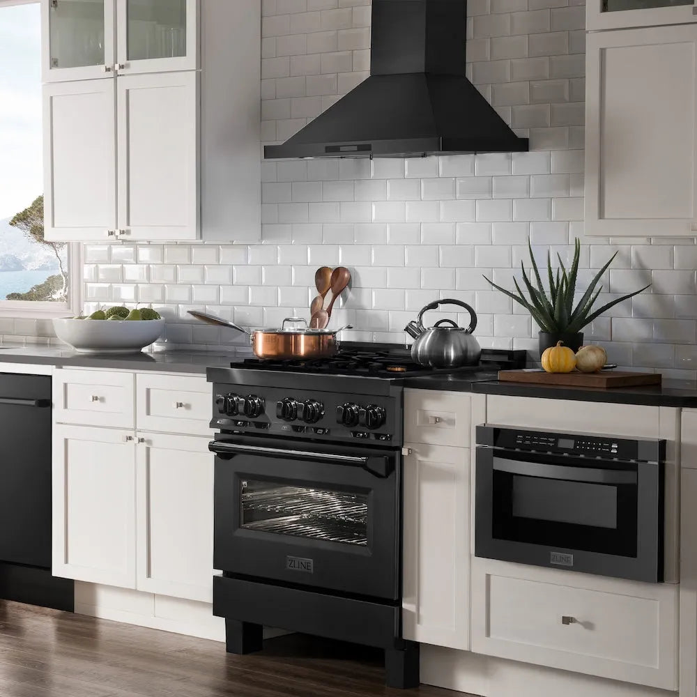 Farmhouse kitchen with ZLINE 24 in. 1.2 cu. ft. Built-in Microwave Drawer in Black Stainless Steel (MWD-1-BS), white cabinets, and a tiled backsplash.