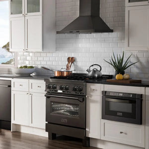 ZLINE 30 in. 4.0 cu. ft. Legacy Dual Fuel Range with Gas Cooktop and Electric Convection Oven in Black Stainless Steel with 4 Brass Burners (RAB-BR-30) in a luxury kitchen.