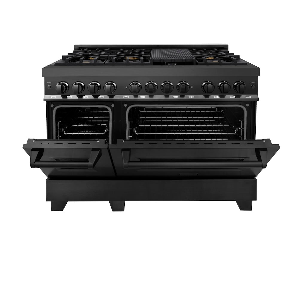 ZLINE 48 in. 6.0 cu. ft. Legacy Dual Fuel Range with Gas Cooktop and 2 Electric Ovens in Black Stainless Steel with 6 Brass Burners (RAB-BR-48) front, oven half open.