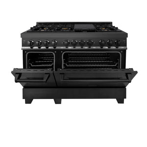 ZLINE 48 in. 6.0 cu. ft. Legacy Dual Fuel Range with Gas Cooktop and 2 Electric Ovens in Black Stainless Steel with 6 Brass Burners (RAB-BR-48) front, oven half open.