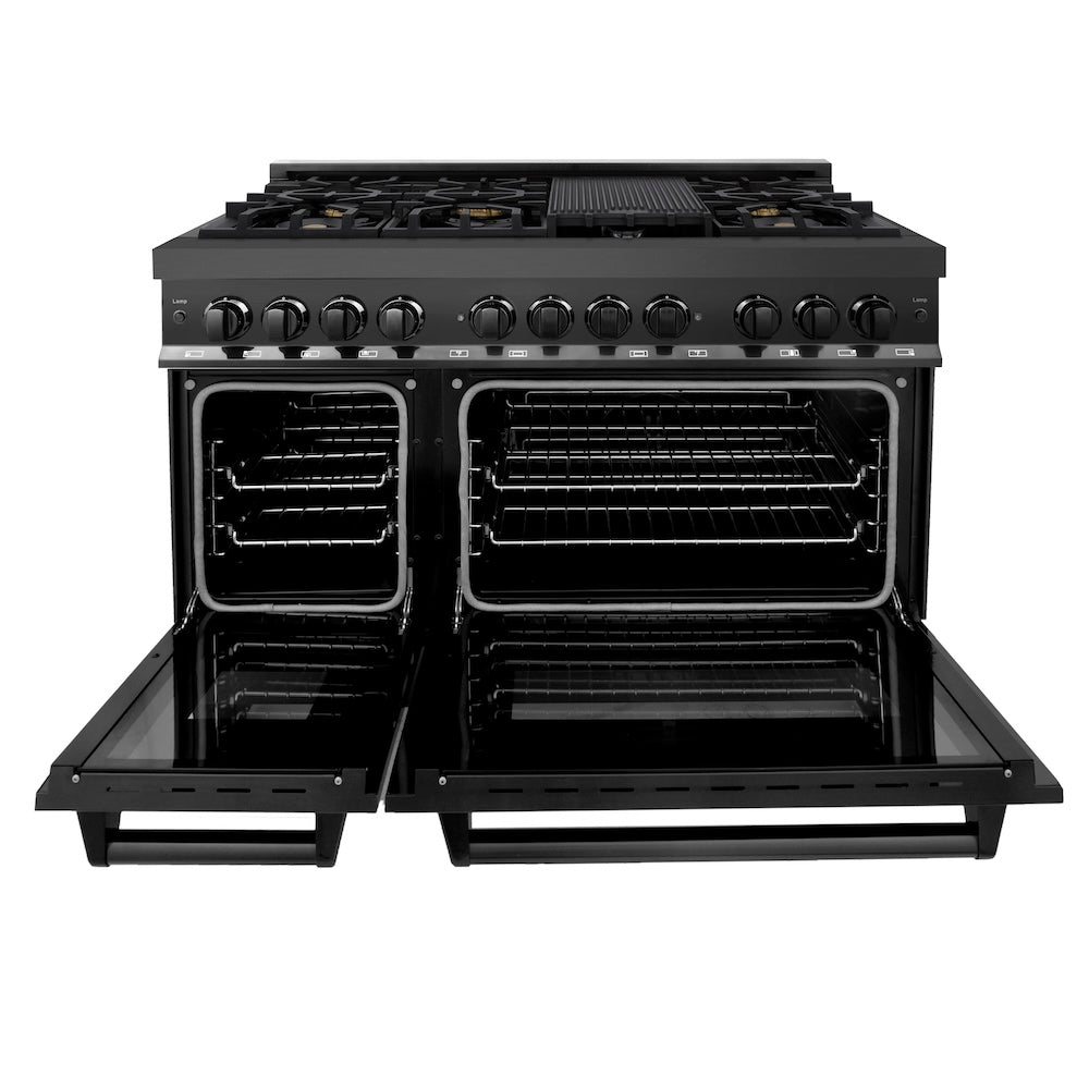 ZLINE 48 in. 6.0 cu. ft. Legacy Dual Fuel Range with Gas Cooktop and 2 Electric Ovens in Black Stainless Steel with 6 Brass Burners (RAB-BR-48) front, oven open.