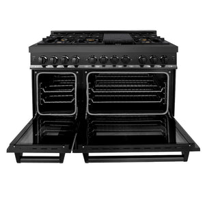 ZLINE 48 in. 6.0 cu. ft. Legacy Dual Fuel Range with Gas Cooktop and 2 Electric Ovens in Black Stainless Steel with 6 Brass Burners (RAB-BR-48) front, oven open.