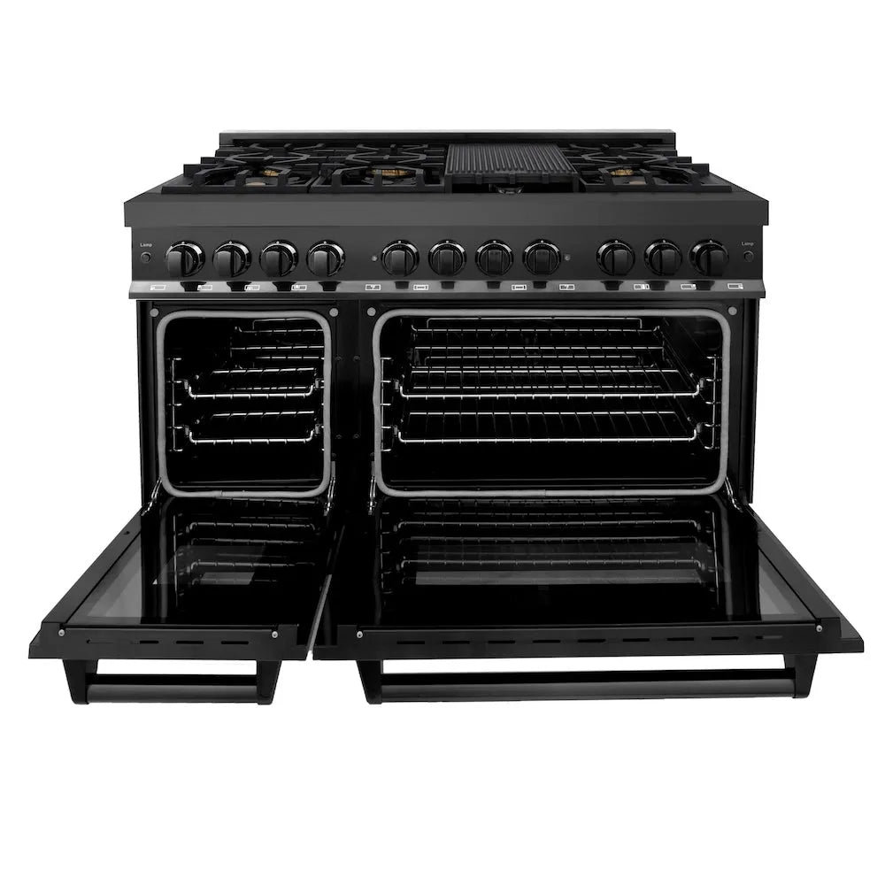 ZLINE 48 in. 6.0 cu. ft. Legacy Dual Fuel Range with Gas Cooktop and 2 Electric Ovens in Black Stainless Steel with 6 Brass Burners (RAB-BR-48) front, oven open.