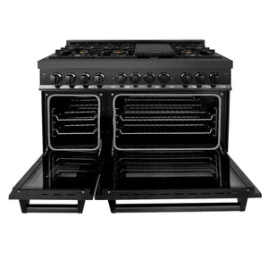 ZLINE 48 in. 6.0 cu. ft. Legacy Dual Fuel Range with Gas Cooktop and 2 Electric Ovens in Black Stainless Steel with 6 Brass Burners (RAB-BR-48) front, oven open.