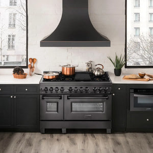 Modern kitchen with a ZLINE 48 in. 6.0 cu. ft. Legacy Dual Fuel Range with Gas Cooktop and 2 Electric Ovens in Black Stainless Steel with 6 Brass Burners (RAB-BR-48) and hood