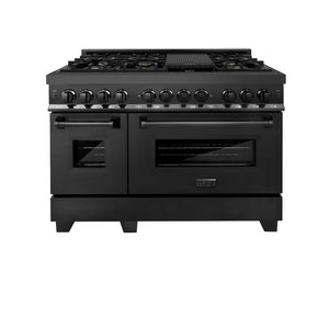 ZLINE 48 in. 6.0 cu. ft. Legacy Dual Fuel Range with Gas Cooktop and 2 Electric Ovens in Black Stainless Steel with 6 Brass Burners (RAB-BR-48) front, oven closed.