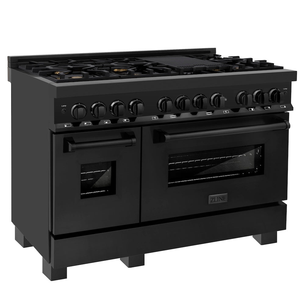 ZLINE 48 in. 6.0 cu. ft. Legacy Dual Fuel Range with Gas Cooktop and 2 Electric Ovens in Black Stainless Steel with Brass Burners (RAB-BR-48) main image.