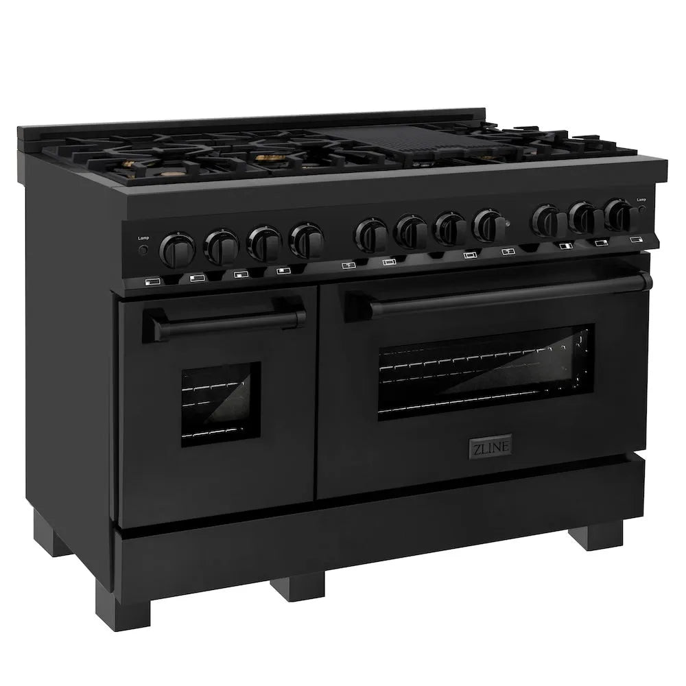 ZLINE 48 in. 6.0 cu. ft. Legacy Dual Fuel Range with Gas Cooktop and 2 Electric Ovens in Black Stainless Steel with 6 Brass Burners (RAB-BR-48) main image.