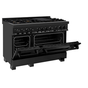 ZLINE 48 in. 6.0 cu. ft. Legacy Dual Fuel Range with Gas Cooktop and 2 Electric Ovens in Black Stainless Steel with 6 Brass Burners (RAB-BR-48) side, oven half open.