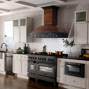 Modern kitchen with ZLINE 48 in. 6.0 cu. ft. Legacy Dual Fuel Range with Gas Cooktop and 2 Electric Ovens in Black Stainless Steel with 6 Brass Burners (RAB-BR-48), white cabinets, and a decorative wooden hood.