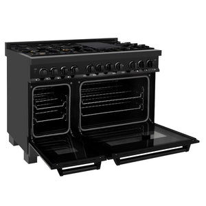 ZLINE 48 in. 6.0 cu. ft. Legacy Dual Fuel Range with Gas Cooktop and 2 Electric Ovens in Black Stainless Steel with 6 Brass Burners (RAB-BR-48) side, oven open.