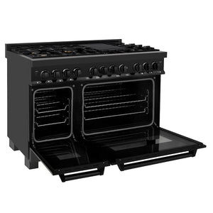 ZLINE 48 in. 6.0 cu. ft. Legacy Dual Fuel Range with Gas Cooktop and 2 Electric Ovens in Black Stainless Steel with 6 Brass Burners (RAB-BR-48) side, oven open.