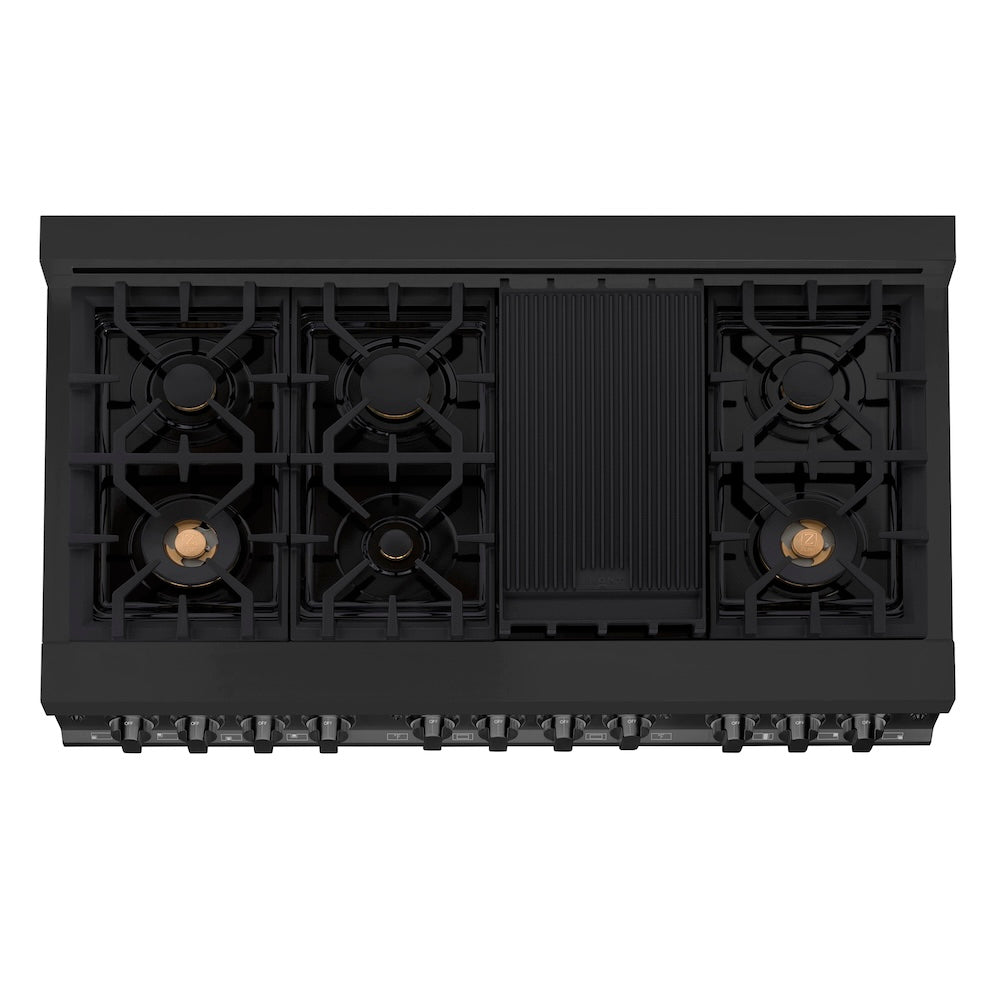 ZLINE 48 in. 6.0 cu. ft. Legacy Dual Fuel Range with Gas Cooktop and 2 Electric Ovens in Black Stainless Steel with 6 Brass Burners (RAB-BR-48) top-down, above cooktop.