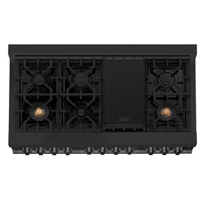 ZLINE 48 in. 6.0 cu. ft. Legacy Dual Fuel Range with Gas Cooktop and 2 Electric Ovens in Black Stainless Steel with 6 Brass Burners (RAB-BR-48) top-down, above cooktop.