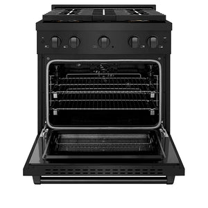 ZLINE 30 in. 4.2 cu. ft. Paramount Dual Fuel Range with 4 Burner DuoPro™ Cooktop and Electric Convection Oven in Black Stainless Steel (PSDRB-30) front, oven open.