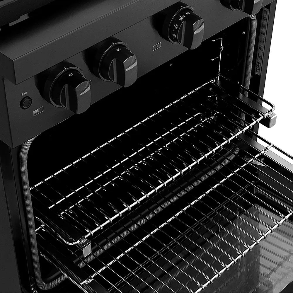 ZLINE 30 in. 4.2 cu. ft. Paramount Dual Fuel Range with 4 Burner DuoPro™ Cooktop and Electric Convection Oven in Black Stainless Steel (PSDRB-30) open oven with racks inside, showing interior design and layout.