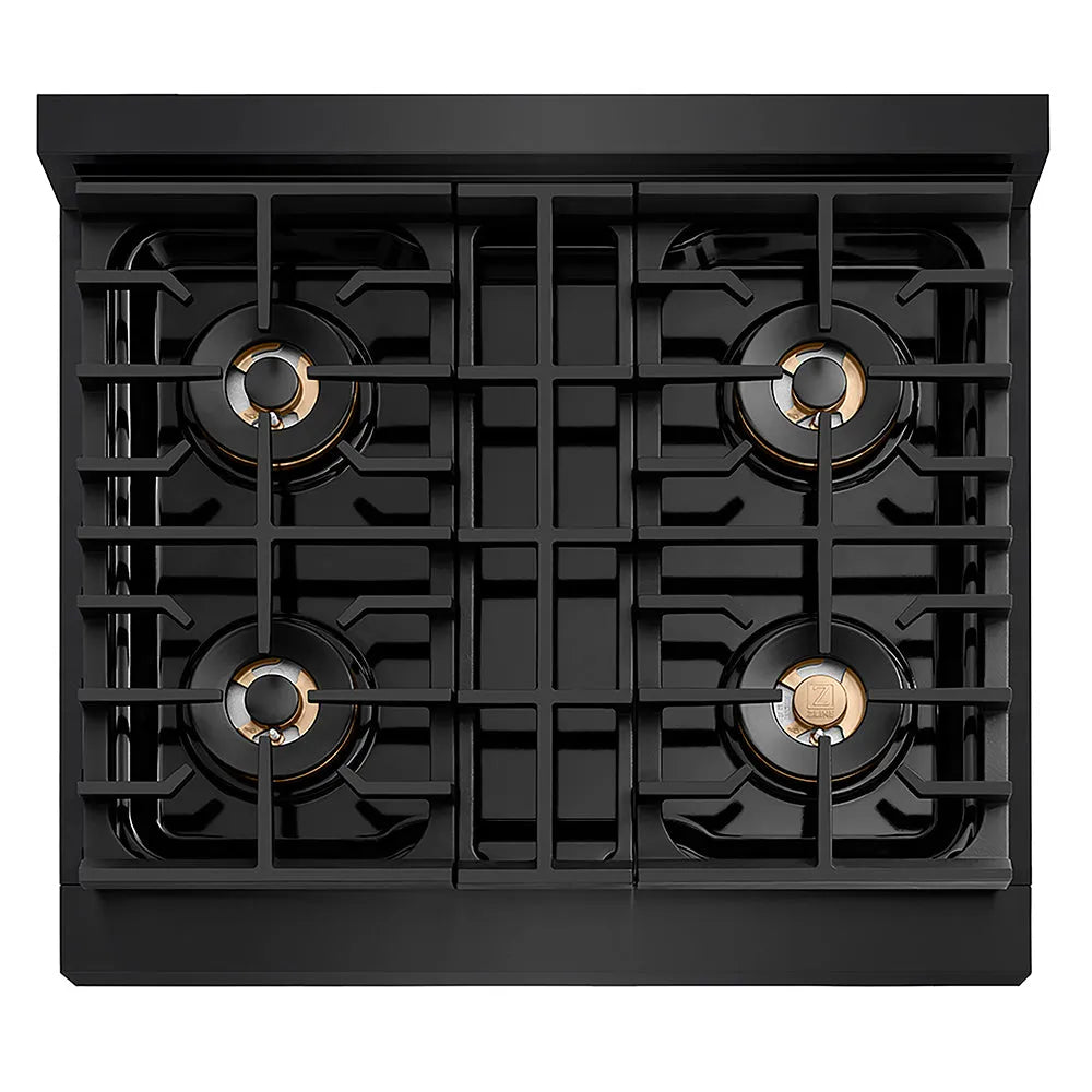 ZLINE 30 in. 4.2 cu. ft. Paramount Dual Fuel Range with 4 Burner DuoPro™ Cooktop and Electric Convection Oven in Black Stainless Steel (PSDRB-30) top-down, above cooktop.