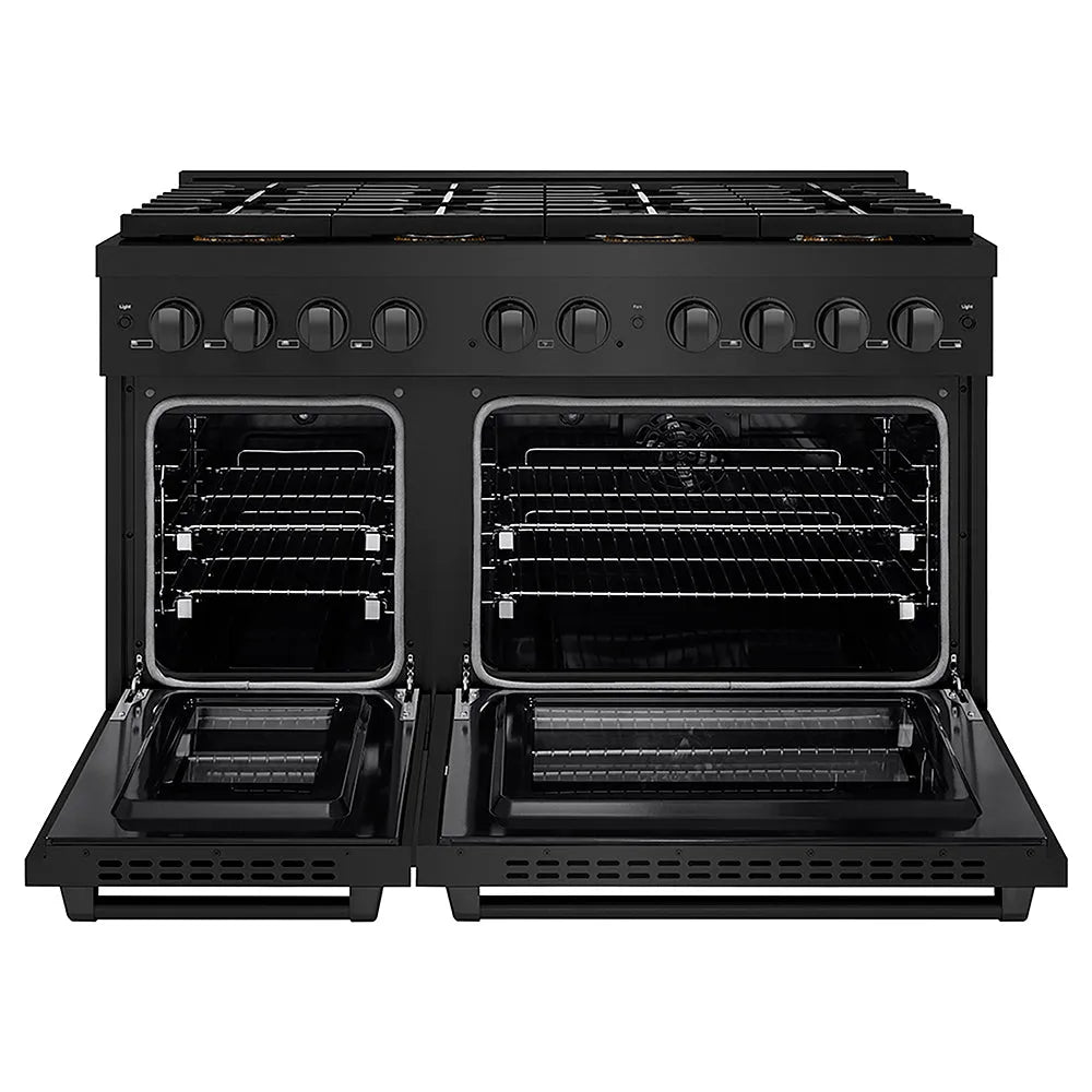 ZLINE 48 in. 6.7 cu. ft. Paramount Dual Fuel Range with 8 Burner DuoPro™ Cooktop and Dual Ovens in Black Stainless Steel (PSDRB-48) front, oven open.