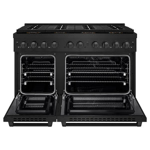 ZLINE 48 in. 6.7 cu. ft. Paramount Dual Fuel Range with 8 Burner DuoPro™ Cooktop and Dual Ovens in Black Stainless Steel (PSDRB-48) front, oven open.