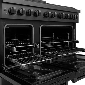 ZLINE 48 in. 6.7 cu. ft. Paramount Dual Fuel Range with 8 Burner DuoPro™ Cooktop and Dual Ovens in Black Stainless Steel (PSDRB-48) with open doors showing interior racks on a white background