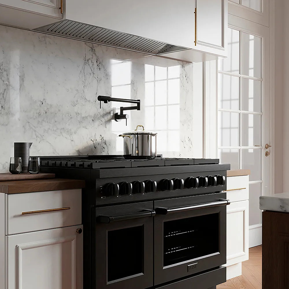 Modern farmhouse kitchen with ZLINE 48 in. 6.7 cu. ft. Paramount Dual Fuel Range with 8 Burner DuoPro™ Cooktop and Dual Ovens in Black Stainless Steel (PSDRB-48) and marble backsplash