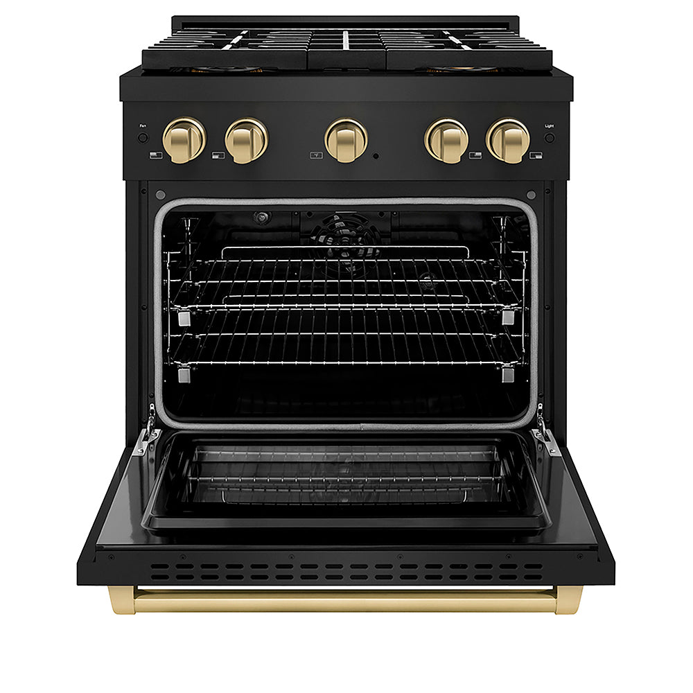 ZLINE Autograph Edition 30 in. 4.2 cu. ft. Paramount Dual Fuel Range with 4 Burner DuoPro™ Cooktop and Electric Convection Oven in Black Stainless Steel and Champagne Bronze Accents (PSDRBZ-30-CB)