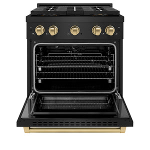 ZLINE Autograph Edition 30 in. 4.2 cu. ft. Paramount Dual Fuel Range with 4 Burner DuoPro™ Cooktop and Electric Convection Oven in Black Stainless Steel and Champagne Bronze Accents (PSDRBZ-30-CB)