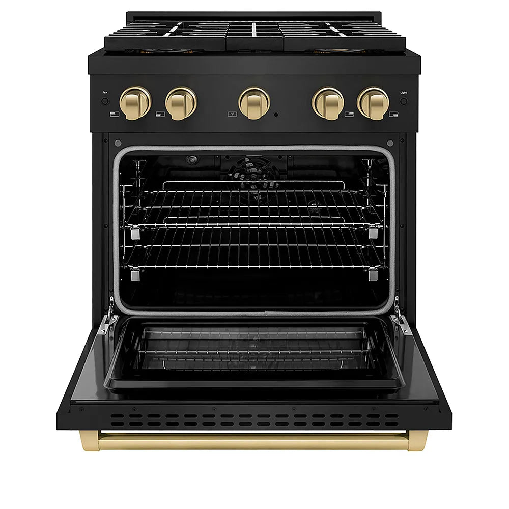 ZLINE Autograph Edition 30 in. 4.2 cu. ft. Paramount Dual Fuel Range with 4 Burner DuoPro™ Cooktop and Electric Convection Oven in Black Stainless Steel and Champagne Bronze Accents (PSDRBZ-30-CB) front, oven open.
