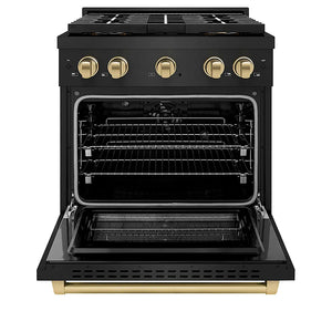 ZLINE Autograph Edition 30 in. 4.2 cu. ft. Paramount Dual Fuel Range with 4 Burner DuoPro™ Cooktop and Electric Convection Oven in Black Stainless Steel and Champagne Bronze Accents (PSDRBZ-30-CB) front, oven open.