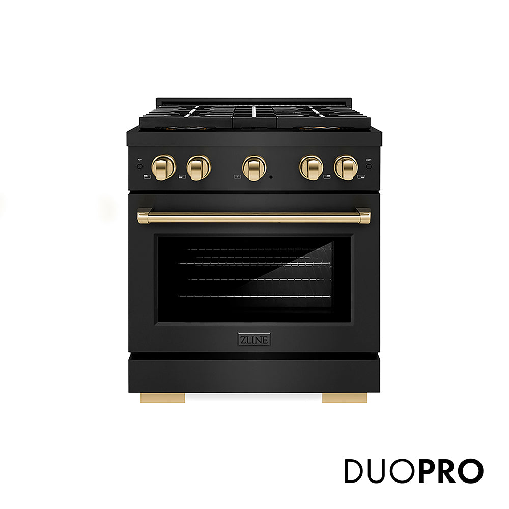 ZLINE Autograph Edition 30 in. 4.2 cu. ft. Paramount Dual Fuel Range with 4 Burner DuoPro™ Cooktop and Electric Convection Oven in Black Stainless Steel and Polished Gold Accents (PSDRBZ-30-G)