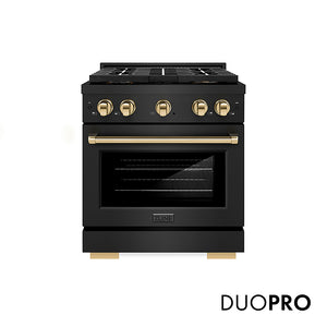 ZLINE Autograph Edition 30 in. 4.2 cu. ft. Paramount Dual Fuel Range with 4 Burner DuoPro™ Cooktop and Electric Convection Oven in Black Stainless Steel and Polished Gold Accents (PSDRBZ-30-G)