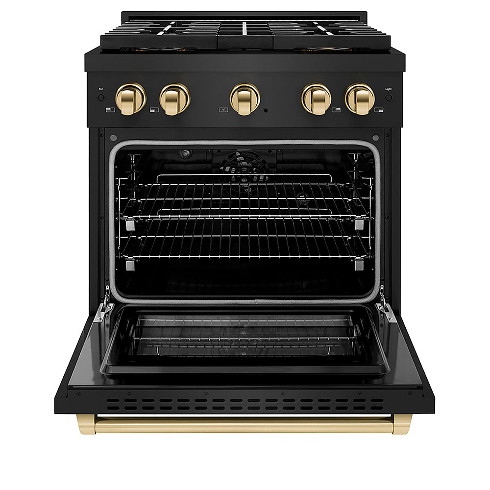 ZLINE Autograph Edition 30 in. 4.2 cu. ft. Paramount Dual Fuel Range with 4 Burner DuoPro™ Cooktop and Electric Convection Oven in Black Stainless Steel and Polished Gold Accents (PSDRBZ-30-G)