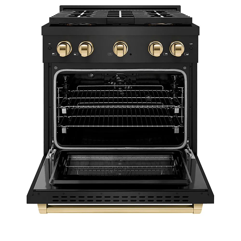 ZLINE Autograph Edition 30 in. 4.2 cu. ft. Paramount Dual Fuel Range with 4 Burner DuoPro™ Cooktop and Electric Convection Oven in Black Stainless Steel and Polished Gold Accents (PSDRBZ-30-G) front, oven open.