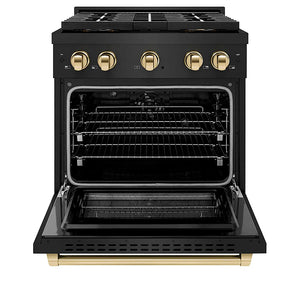 ZLINE Autograph Edition 30 in. 4.2 cu. ft. Paramount Dual Fuel Range with 4 Burner DuoPro™ Cooktop and Electric Convection Oven in Black Stainless Steel and Polished Gold Accents (PSDRBZ-30-G) front, oven open.
