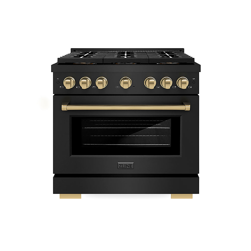 ZLINE Autograph Edition 36 in. 5.2 cu. ft. Paramount Dual Fuel Range with 6 Burner DuoPro™ Cooktop and Electric Convection Oven in Black Stainless Steel and Champagne Bronze Accents (PSDRBZ-36-CB)